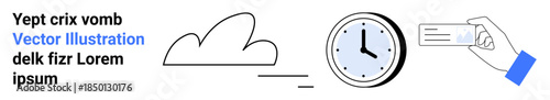 Time management, scheduling systems, productivity tools, planning, ticketing processes, organizational concepts. Hand holds a ticket with cloud and clock icons. Time management and scheduling
