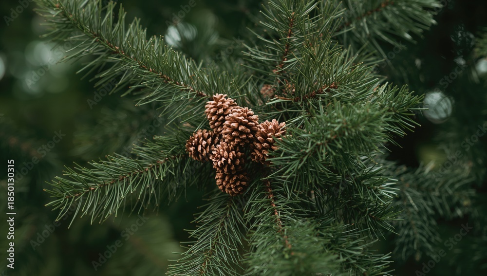 Fototapeta premium Evergreen tree branch with pine cones, designed for natural landscape textures