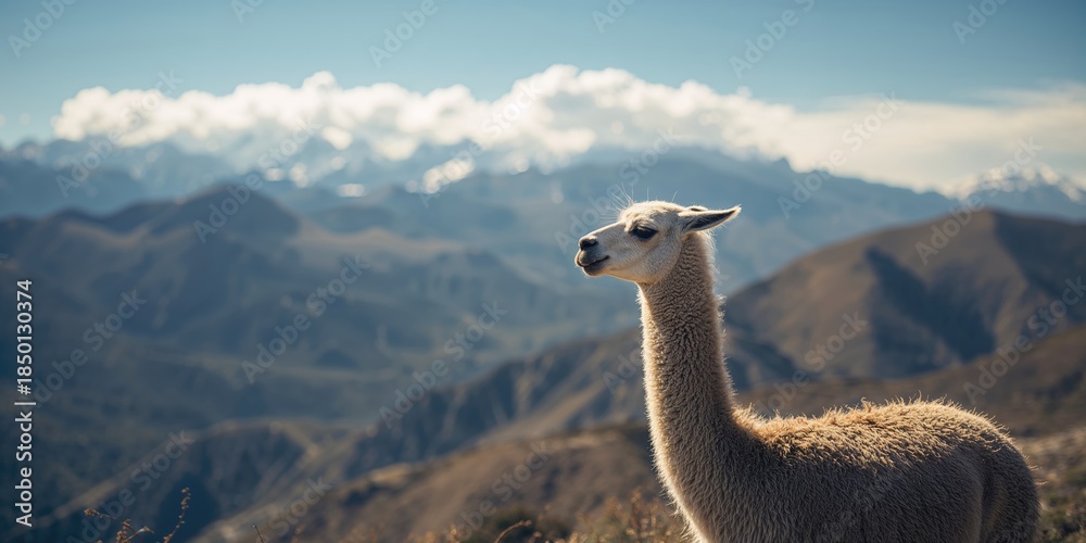 Fototapeta premium Llama on a mountain slope, highlighting its use in high-altitude livestock management, World Animal Day