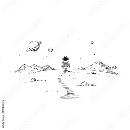 Astronaut standing on a desolate planet looking at space with planets and stars in the distance