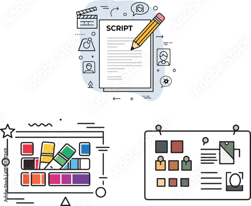 Creative Script Writing and Storyboarding Illustration Set with Color Palette, Mood Board, and Video Production Planning Symbols