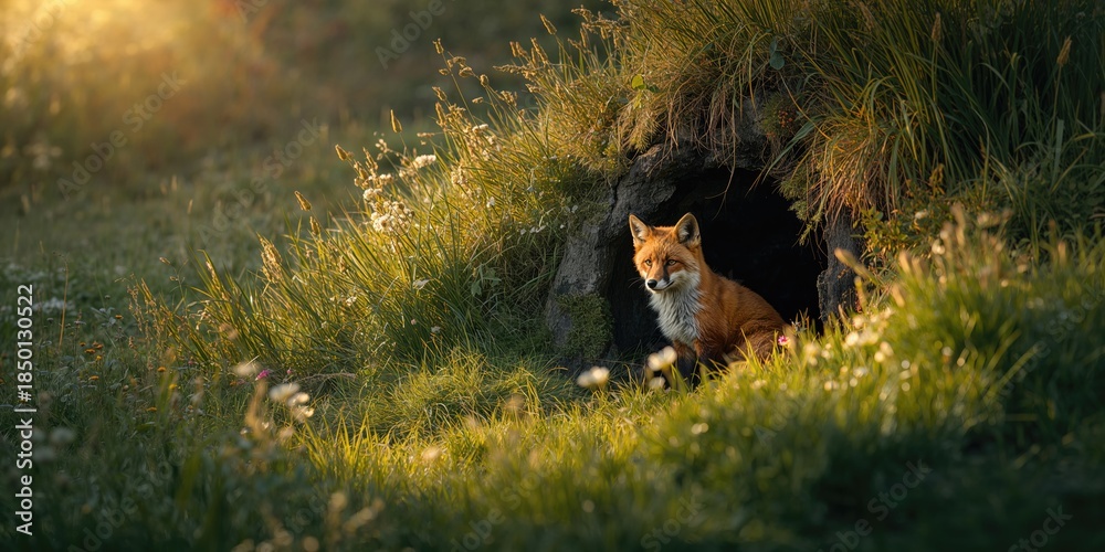 Fototapeta premium Juvenile fox outside a burrow, highlighting animal adaptation and denning, World Wildlife Day