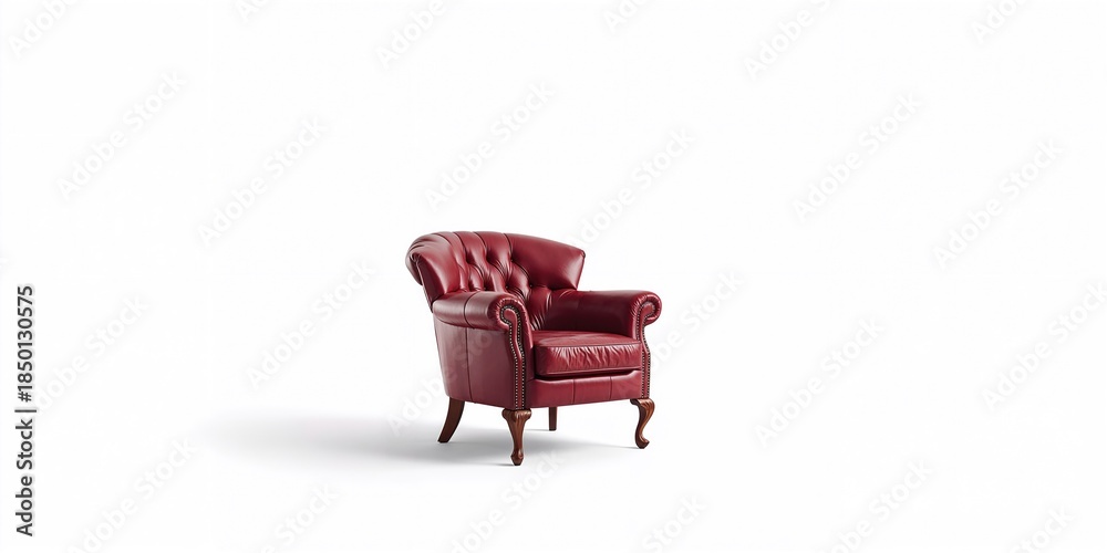 Obraz premium Classical armchair upholstered in dark red leather featuring wooden legs, suitable for living room setup