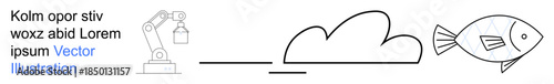 Automation, sustainability, design thinking, industrial production, nature, innovation. Robotic arm, cloud and fish with line. Automation and sustainability as key concepts