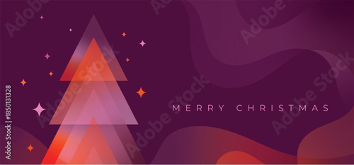 Modern Geometric Gradient Christmas Tree Banner Card with Dynamic and Smooth Flowing Gradient Shapes in Plum, Light Pink and Vibrant Orange