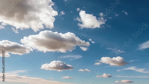 Bright blue sky with scattered white clouds over horizon.