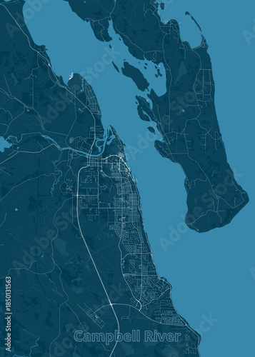 This image presents a detailed map of Campbell River, rendered in shades of blue. The map showcases the city's layout, including streets, waterways, and surrounding land features.