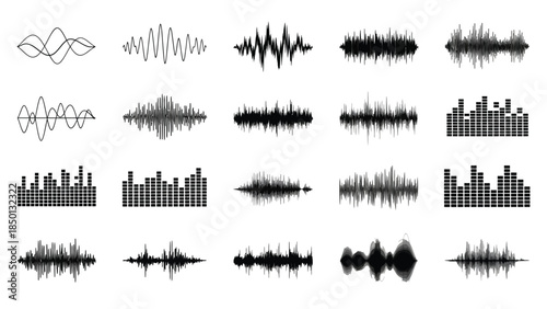 Collection of various black and white sound wave visualizations