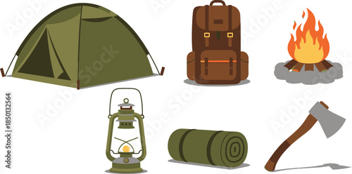 Flat design set of 6 camping items tent backpack campfire lantern sleeping bag and axe