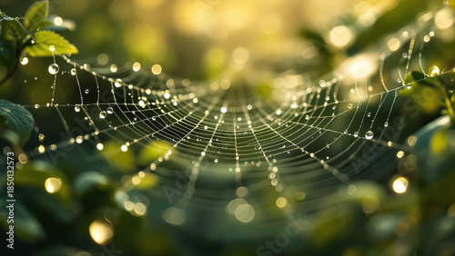 Spider web with dew drops glistening in morning light among greenery  