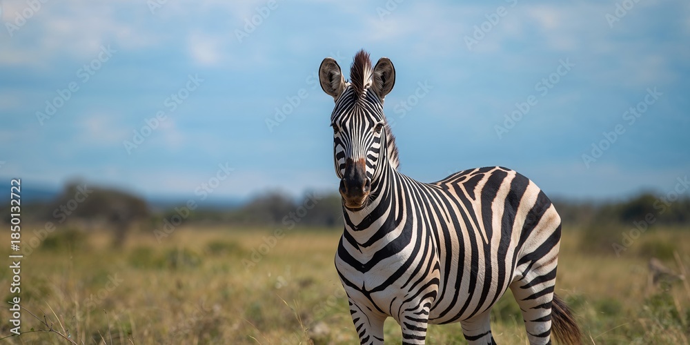 Obraz premium Zebra standing on open plain with clear blue sky, wildlife observation