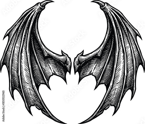 Black and White Engraved Dragon Wings Emblem on White Background bat wings demonic