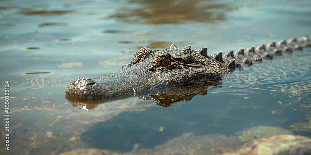 Fototapeta premium Crocodile's face emerging from water surface, showcasing natural hunting instincts, Earth Day
