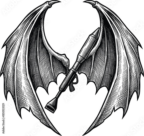 Black and white illustration of a rocket launcher with large bat-like wings in vintage style weapon bat wings
