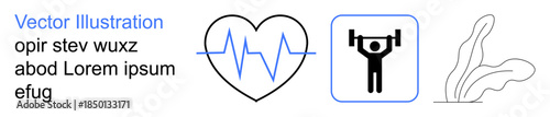 Fitness goals, health tracking, personal training, medical icons, minimalist designs, wellness . Heartbeat line, weightlifter simple plant. Fitness and health tracking concepts