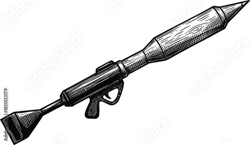 Black and white illustration of a rocket-propelled grenade launcher in a vintage style rocket launcher