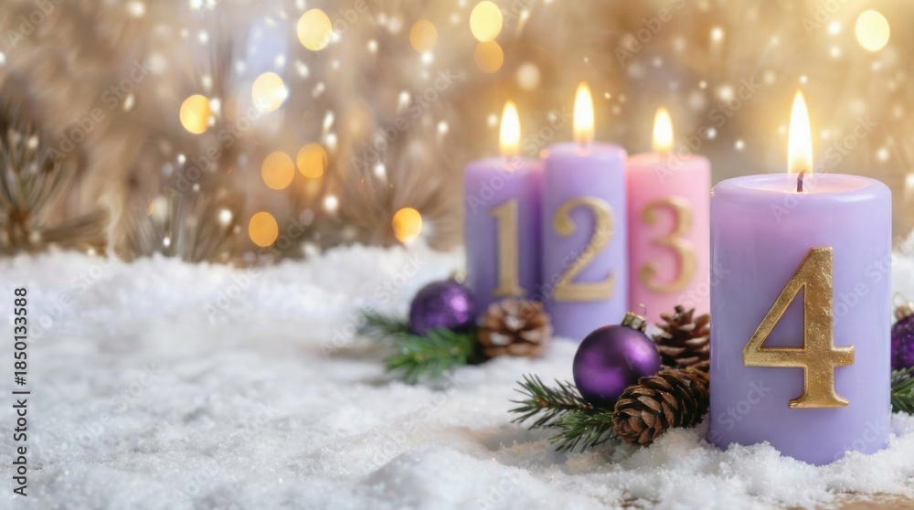 Obraz premium Fourth Sunday of Advent background with lit candles, Angel's Candle symbolizing Love, Christmas holiday tradition