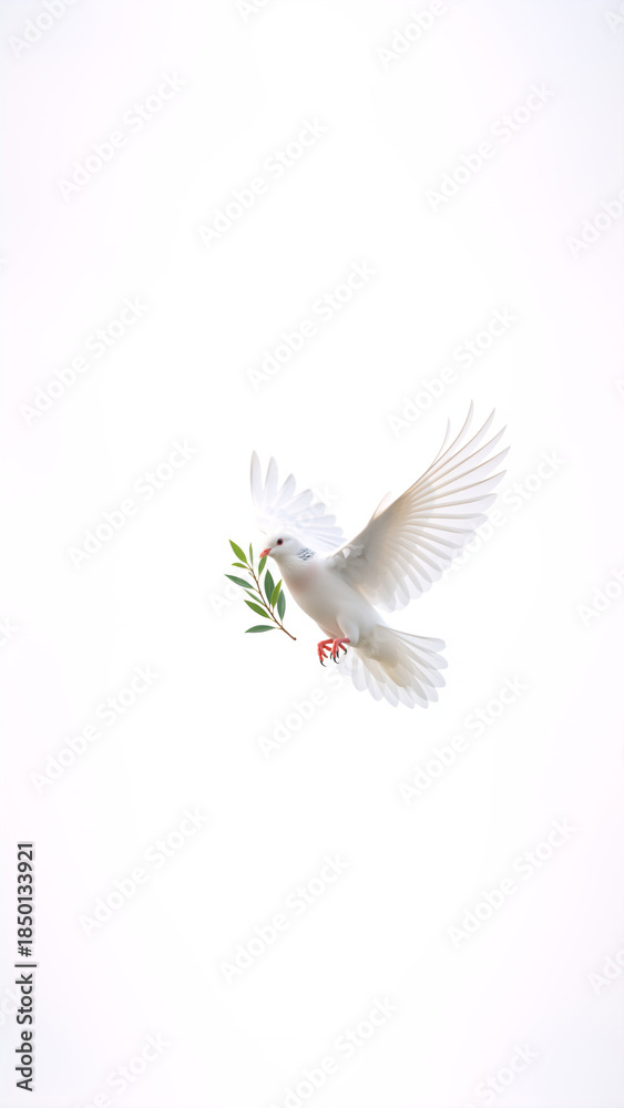 Obraz premium White dove flying with a green olive branch in its beak. Vertical symbol of peace and freedom isolated on white background. Copy space for text
