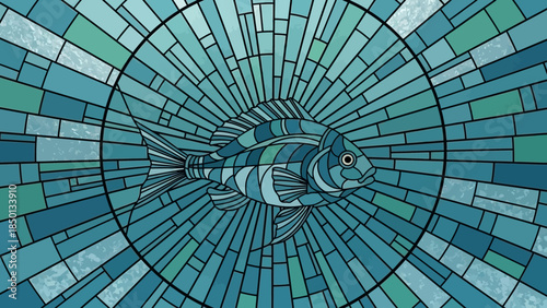 Stunning mosaic artwork of blue fish in vibrant aqua tones