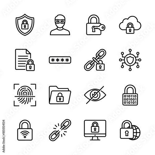 Cybersecurity and Data Protection Icons Set - Shield, Hacker, Lock, Cloud Security, Password, Fingerprint, Privacy Vector