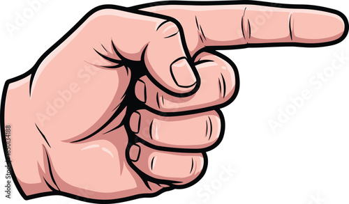 Cartoon hand pointing finger to the right with thick black outline and white background illustration