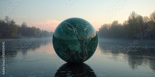 Decorative marble ball positioned alongside a river during sunset, emphasizing landscape art