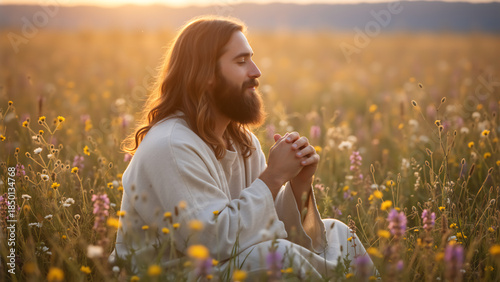 Jesus Christ praying in a field of flowers at sunset. Religious man with beard and long hair kneeling in meadow during golden hour. Christian spirituality and faith concept. Easter background