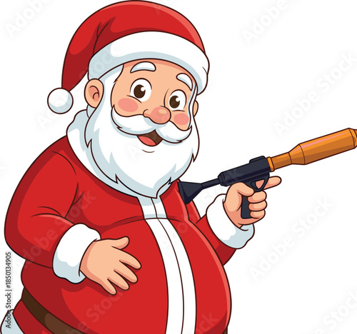 Cartoon Santa Claus with a belly and a rocket launcher on a white background Christmas holiday