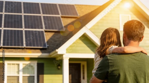 Father Holding Child Looking at Home with Rooftop Solar Panels, Sustainable Renewable Energy Concept