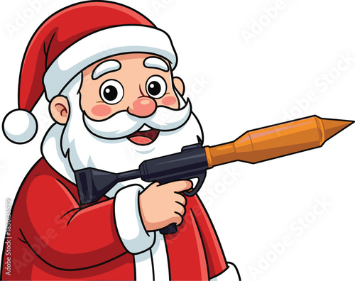 Cheerful cartoon Santa Claus aiming a rocket launcher on a white background Christmas holiday
