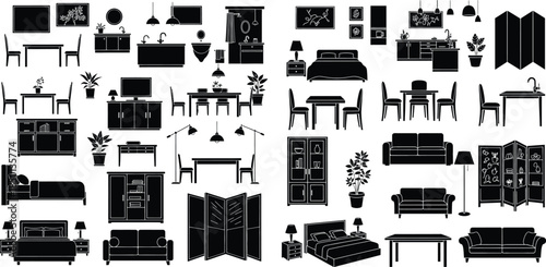 Assorted home furniture silhouette set, featuring bedroom, living room, and dining room essentials, isolated vector
