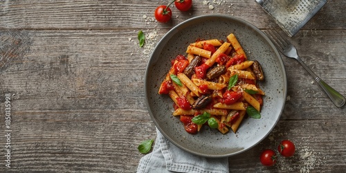 Penne alla norma featuring eggplants and tomatoes, highlighting Mediterranean pasta dishes, food and table setting
