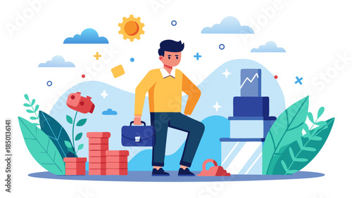 Entrepreneur celebrating success with upward trending market chart