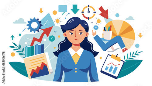 Professional businesswoman surrounded by financial icons planning strategy