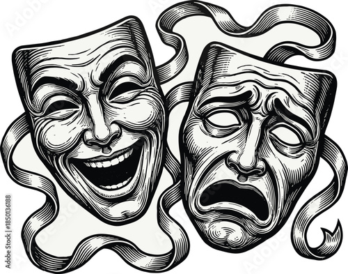 Comedy and Tragedy Theater Masks with Flowing Ribbons Keywords: theater masks, comedy mask, tragedy mask, drama, acting