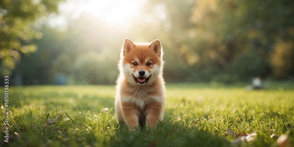 Obraz premium Adorable Shiba Inu puppy with fox-like features in a playful stance, highlighting breed traits