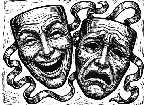 Detailed Engraving of Theater Masks Representing Comedy and Tragedy drama