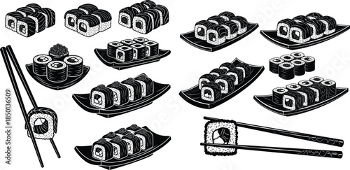 Assorted sushi rolls, nigiri and maki served on plates with chopsticks, monochrome illustrations