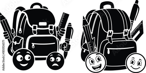 Back to school illustration with stationery and emoji icons, clean line art style