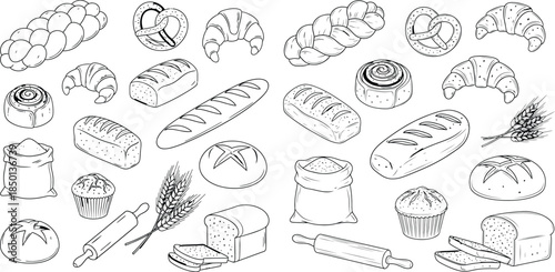 Bakery products line art set with braided bread, croissant, pretzel and flour bag