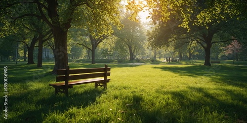 Fototapeta Naklejka Na Ścianę i Meble -  Big tree shade over park benches in a lush landscape, highlighting nature and seasonal change, Earth Day