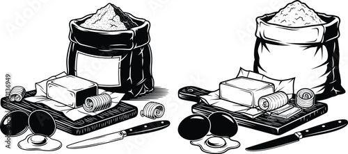 Baking ingredients still life with flour sack, butter, eggs, and knife on a cutting board