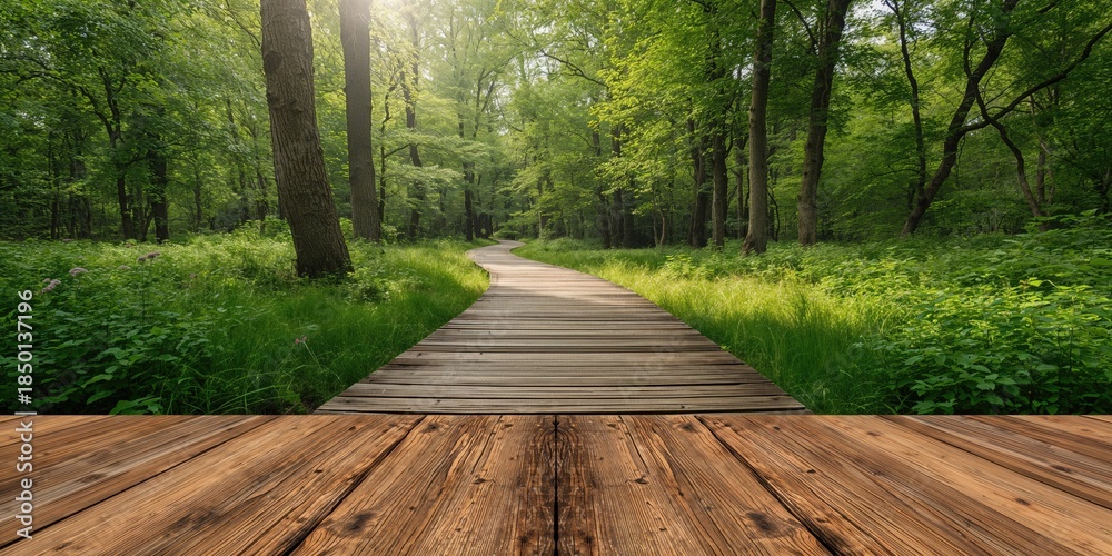Fototapeta premium Wooden walkway over natural terrain, erosion prevention and maintenance practices