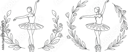 Ballerina in pointe shoes single line art surrounded by floral frame design