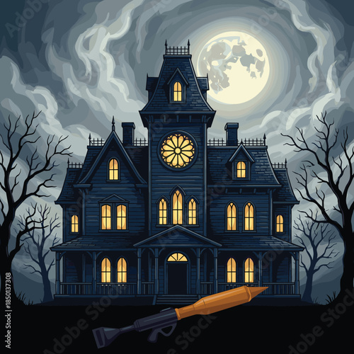 Haunted Mansion with Rocket Launcher in Foreground Under Full Moon haunted house gothic