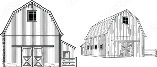 Barn outline illustrations with crossed sliding doors, two perspectives showing rural architecture on a farm