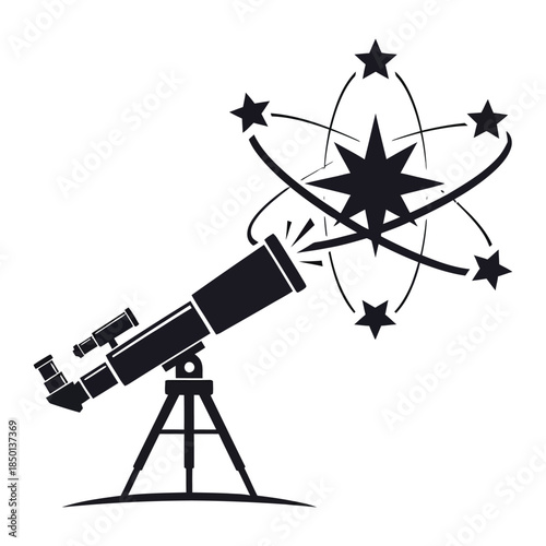 Telescope and star emblem silhouette designed as an astronomy club logo representing observation, education, and space science on white background