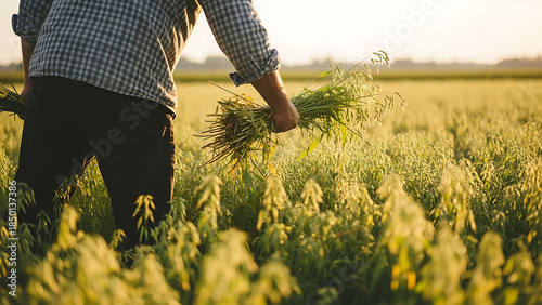 Farmer holding freshly harvested crops in a golden field at sunset