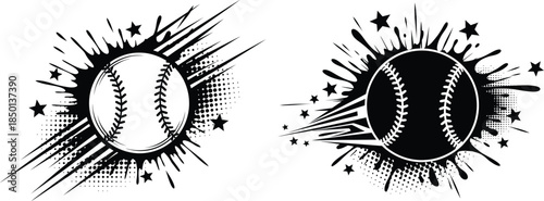 Baseball ball splatters, stars, speed lines elements in set