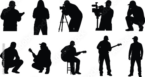 People Silhouette Set Showing Photographer Videographer and Musician in Different Standing and Squatting Poses